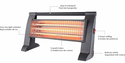 Quarz-Heizstrahler mit 3 Leistungsstufen, 400/800/1200 W, Kippschutz, Sicherheitsgitter, Grau