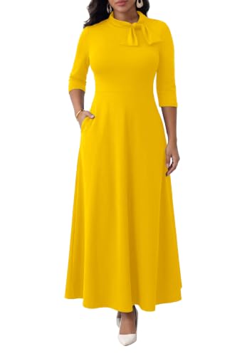 Image of FANDEE Maxi Long Dress Women, Church A Line Bow Tie Neck Casual Dresses | 3 /4 sleeve with pockets, tea party elegant wedding guest semi formal bridesmaid dress, m-3xl, machine wash