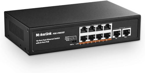 Image of MokerLink 10 Port PoE Switch, 8 Port PoE+ 100Mbps, 2 Gigabit Uplink, 96W 802.3af /at, Vlan & Extend, Fanless Metal Plug & Play Ethernet Switch