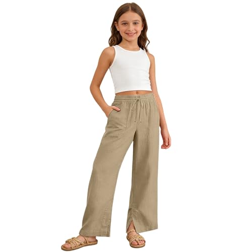Image of Girls Linen Pants Wide Leg School Uniform Pants Cozy Elastic Waist Summer Casual Beach Lounge Trousers with Pockets