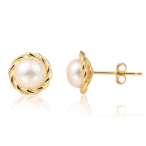 MAPLEDAIRY Genuine Pearl Gold Earring Studs, Small Size, 18k Gold plated Sterling Silver, Lustrous Real Freshwater Pearls