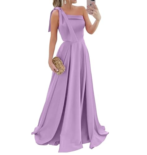 WISIYLE DSJ011 Damen Satin-Brautjungfernkleid, hohe Taille, Abschlussballkleid, Falten, Abendessen, Kleider mit Taschen, Flieder, 48