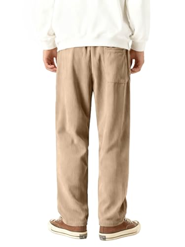 Elegant Seal Men's Corduroy Wide Leg Fashion Casual Pants Loose Fit Baggy Straight Sweatpants Elastic Waist Drawstring Khaki — view 2