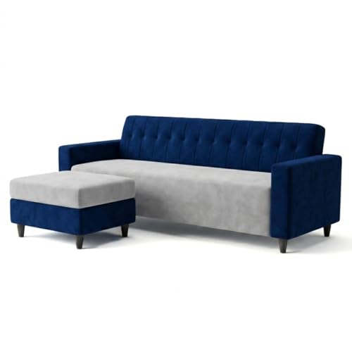 Image of FURNY Luxe 4 Seater L Shape Sofa Set with Movable Ottoman | Flexible Left or Right Layout | Plush Velvet Fabric (Dark Blue-Light Grey) | Perfect for Living Room, Guest Room & Office