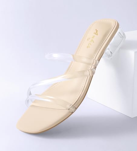 Image of Ankis Black Nude White Strappy Heels Women 1 Inch Low Chunky Block Heel Heeled Sandals Square Open Toe Slip On Slides Mules