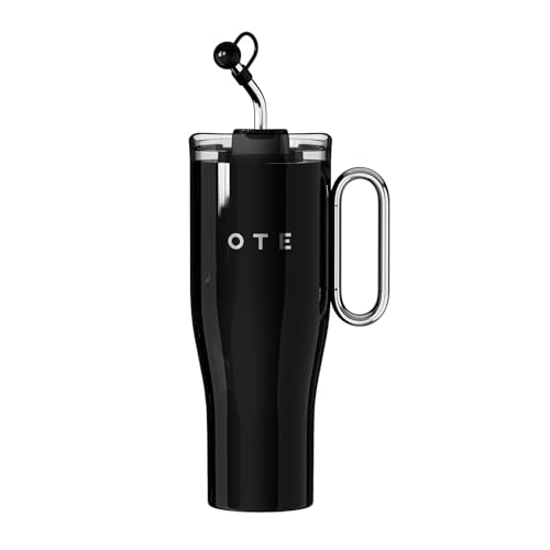 OTE Bicchiere da 1180 ml con manico e coperchio con cannuccia, bottiglia d'acqua riutilizzabile, a doppia parete, in acciaio inox, isolamento sottovuoto, per bevande calde/fredde (nero)