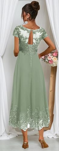 Tea Length Mother of The Bride Dresses for Women V Neck Lace Evening Formal Dress with Sleeves2