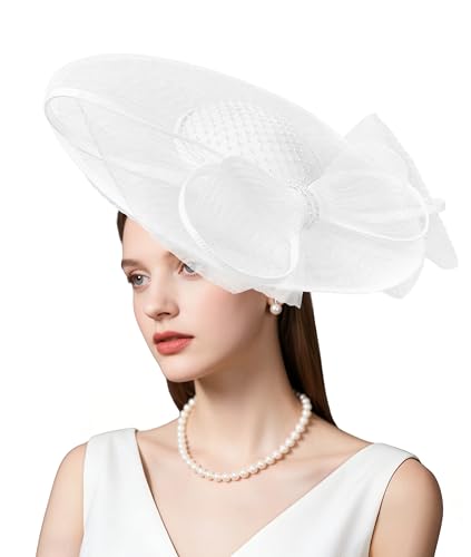 dressfan Wide Brim Fascinator Derby Hats for Women 20s Linen Rhinestones Bow Big Fascinator Hat with Headband for Derby Church Wedding Tea Party M37-White