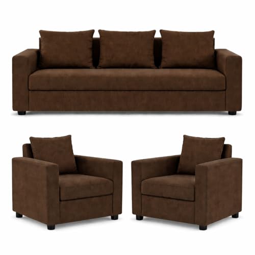 Image of Wood 3+1+1 Sofa Set 5 Seater | Velvet Fabric Upholstery | Wooden Frame Sofa Set with 3 Seater & 2 Single Chairs for Living Room, Home & Office (Brown)