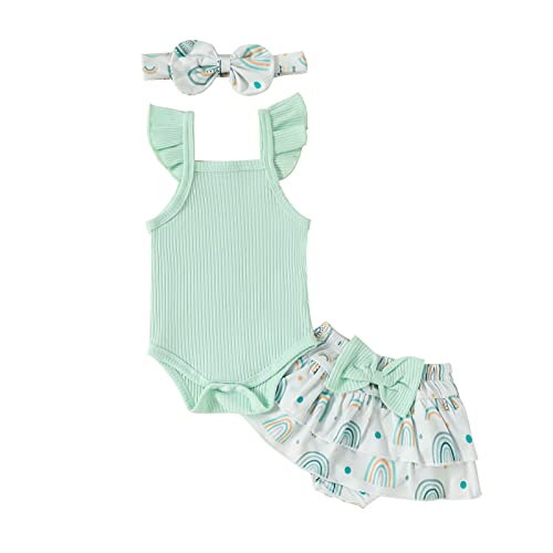 Image of Thorn Tree Newborn Baby Girls Clothes Sleeveless Solid Romper Top & Rainbow Shorts Headband 3Pcs Summer Outfits