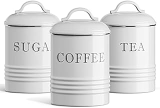 Barnyard Designs White Canister Sets for Kitchen Counter, Vintage Kitchen Canisters, Country Rustic Farmhouse Decor for the Kitchen, Coffee Tea Sugar Farmhouse Kitchen Decor, Metal, Set of 3