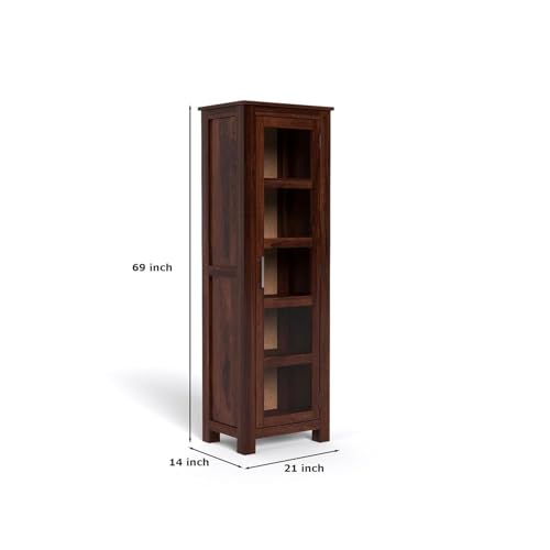 Image of SUNCOM Solid Sheesham Wood Book Shelf - Showcase Glass Door Crockery Storage Unit Or Bookcase, 5-Shelf Wooden Book Rack, Display Cabinet Furniture for Home, Kitchen & Library Areas (Walnut Finish)