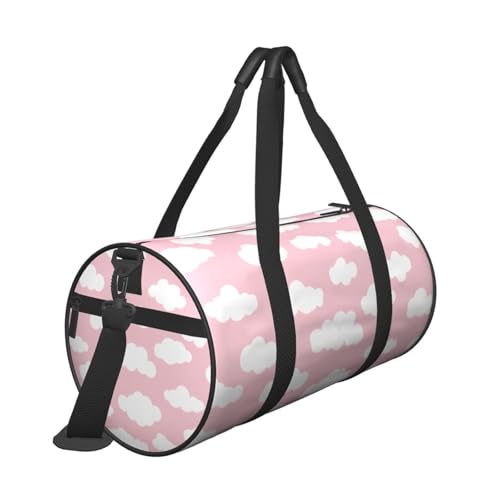 Clouds Asthetic White And Pink Round Duffle Bag, Spacious Sport Travel Bag With Zippered Pockets & Soft Grip Handles3