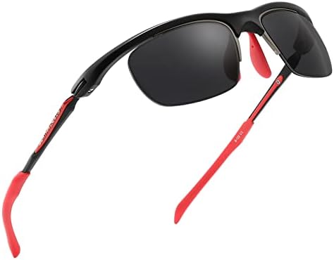 Qonoic Small Sports Sunglasses Polarized UV Protection for Men, Idea for Driving, Runing, Golf- Al-Mg Metal Frame(Black/Red)
