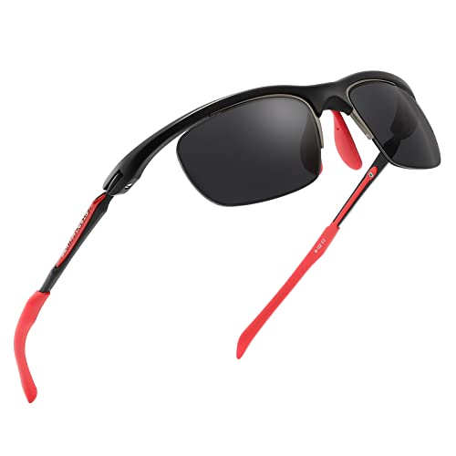 Qonoic Small Sports Sunglasses Polarized Uv Protection For Men, Idea For Driving, Runing, Golf- Al-Mg Metal Frame(Black/Red) #TOP2
