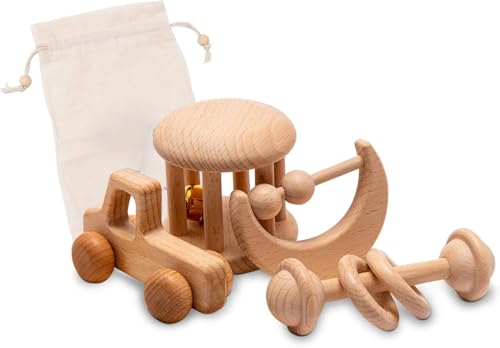 Riuuyyi 木のおもちゃ ガラガラ ラトル ミニカー 4点セット 無塗装 天然木 オーガニック カミカミ 出産祝い ギフト プレゼント (半月形)