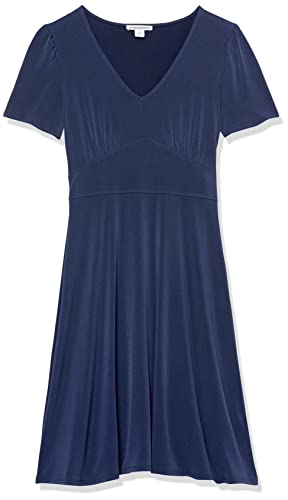 Image of Amazon Essentials Women's Short Sleeve V-Neck Gathered Flattering Fit and Flare Dress