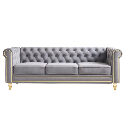 Image of KEIKI 85 inch Chesterfield Velvet Tufted Button Sofa with Deep Seat Cushions and Rolled Arms, Modern 3-Seater Couch Decorated with Gold Strip, Easy Assembly, for Living Room, Bedroom, Office, Light Grey