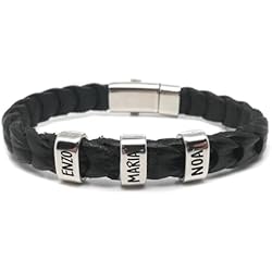 Pulseras Trendhim Pulsera con nombres personalizada, Zamak Baño Plata-Cuero. Regalo dia del padre (Trenzado Plano Marrón)