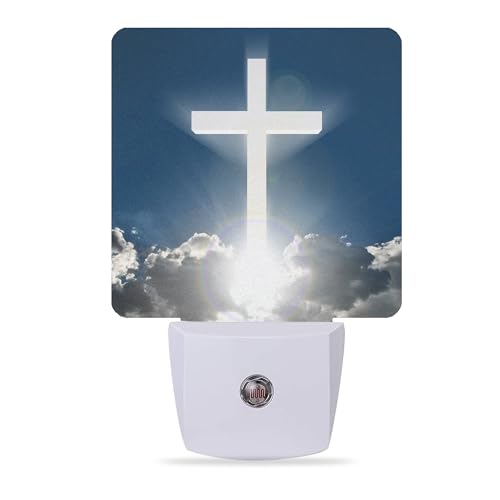 Image of Blessed Night Light,White Cross in Heaven Night Lights Plug into Wall Dusk to Dawn Sensor Led Lamp for Women Men,Led Lights for Stairway /Hallway /Bedroom,0.5W