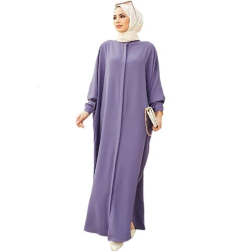 Womens Muslim Dress: Ramadan Abaya Batwing Sleeve Band Collar Long Maxi Robe for Women Henley Shirt Prayer Dress Turkey Kaftan Dubai Islamic Middle East Loose Dress Light purple One size