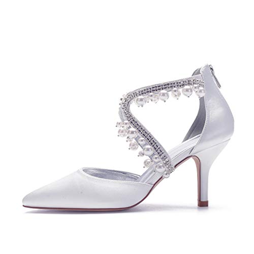 Pearl Mid Heel Shoes for Women Pointed Toe Straps Rhinestone Satin Wedding Bridal Evening Party Dress Shoes2