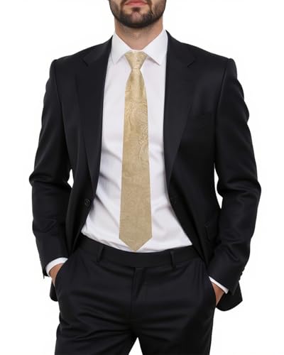Image of Hi-Tie Zipper Beige Paisley Ties for Men Adjustable Pre-Tied Necktie Lapel Pin Pocket Square Cufflinks Set