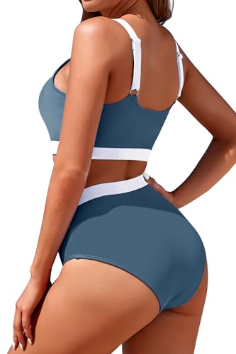 Image of Womens High Waisted Bikini Sets Sporty Crop Top Color Block Swimwear Bandeau Scoop Neck Vintage Two Piece Bathing Suits