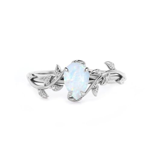 Pear Cut White Opal Vine Leaf Rings for Women S925 Sterling Silver 6X8 MM Created Opal Art Deco Inspired Leaf Ring Promise Statement Anniversary Ring for Her Size 5-9