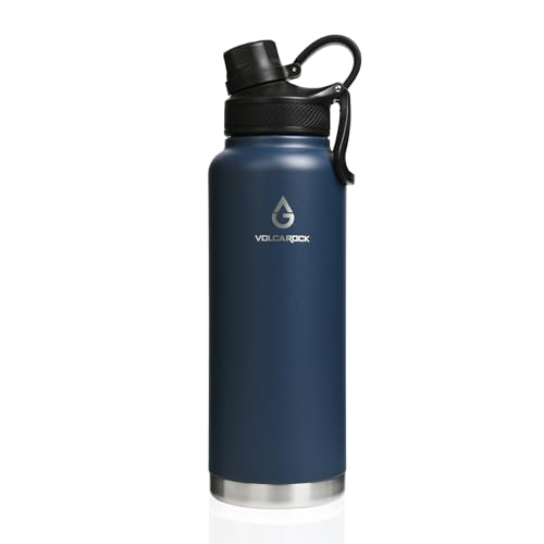 VOLCAROCK Sports Water Bottle 24/32/40/64Oz with Straw Lid Dustproof, 3 Lids, Vacuum Insulated Stainless Steel, Simple Thermo Flask, Modern Double Wall Hydro Metal Canteen- 40 Oz Navy Blue