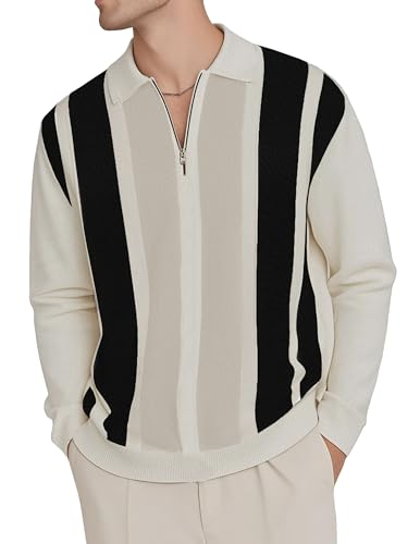 CTU Mens Polo Shirts Quarter Zip Jumper Knitted Sweater Long Sleeve Vintage Striped Warm Pullover Tops White M