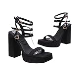 WOkismD 12CM Sommer Square Head One Word Wasser Plattform Grob High Heel Sandalen Damenschuhe,Schwarz,36 EU