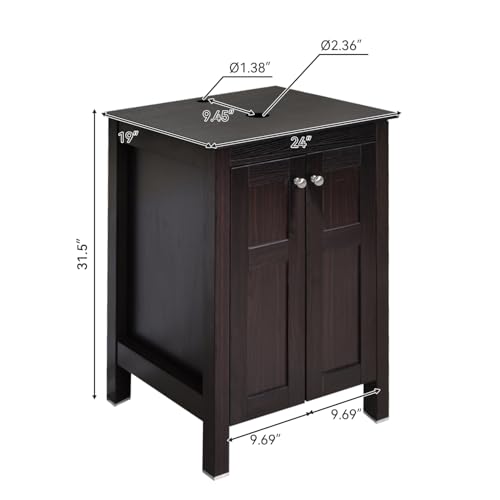 SOLIDEE 24 Inch Dark Coffee Bathroom Vanity, Traditional Standing Pedestal Cabinet with White Ceramic Vessel Sink