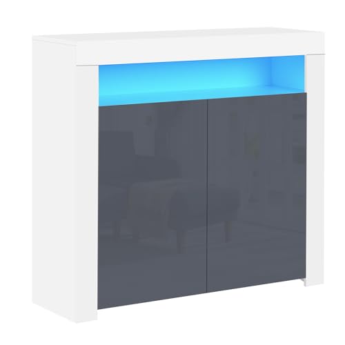 Panana Commode de Eclairage LED Meuble de Rangement avec 4 Compartiments de Stockage + 2 Portes sur Salon, Chambre, 107 x 35 x 97 cm (Gris+Blanc)