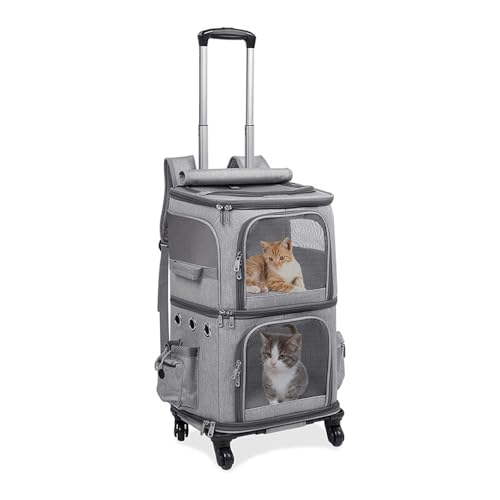 小型 犬 キャリー カート ソフトクレート キャリーカート 4輪360度回転 多頭飼い 二重層 大容量 2匹の猫 通気性 折り畳み ペット用旅行バッグ ドライブ 旅行 屋外 災害避難用ペットバッグ(Gray)