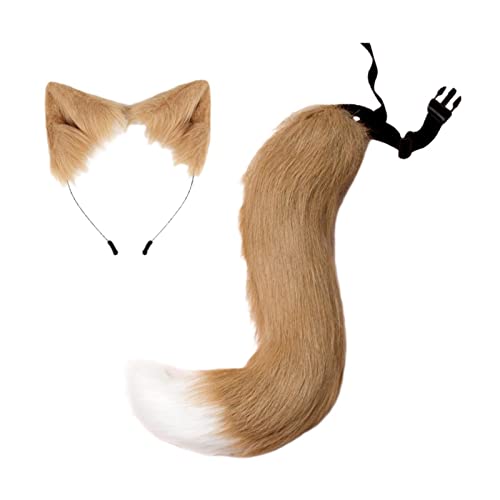 Newmind Conjunto de fantasia de orelhas de gato de pele sintética, fantasia de lobo peludo de raposa
