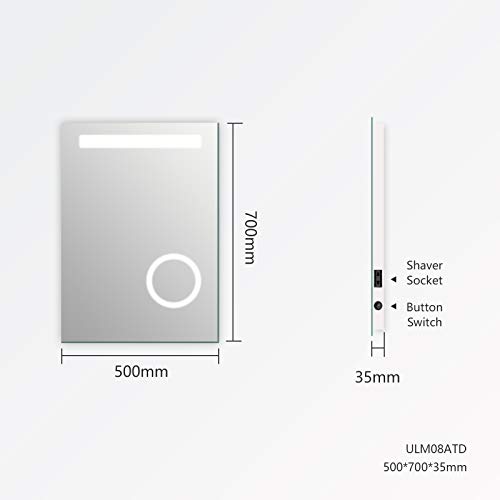 EMKE 500 x 700mm Illuminated LED Bathroom Mirror LED Mirrors Light with Shaver Socket + 3-Fold Magnification + Button Switch + Demister