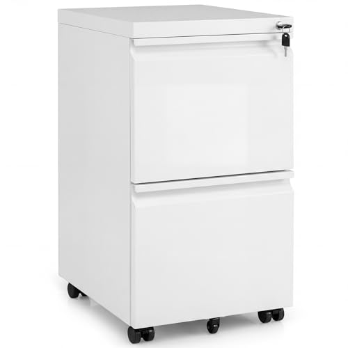 COSTWAY Caisson de Bureau sur Roulette avec Frein, 2 Tiroirs Verrouillable, Métal, Dossier Suspendu A4, Casier sur Roulette pour Fichier, Document, Imprimante, Blanc