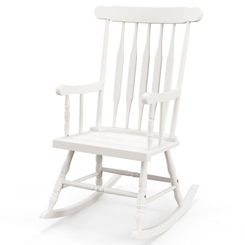 Tangkula Patio Rocking Chair Solid Rubber Wood, Outdoor Porch Rocker Chair with Rubber Wood Frame, Indoor Wooden Rocking Chair, Ideal for Garden, Backyard & Balcony (1, White)