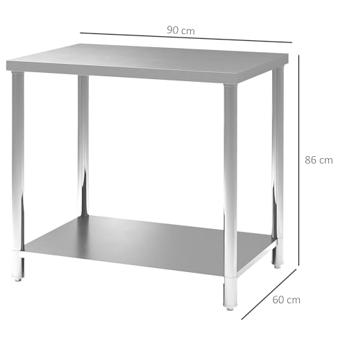 Miniatura 5 de Homcom De Trabajo De Acero Inoxidable De Preparación De Cocina 2 Estantes, Encimera Para Cocina, Garaje, Jardín, 90 X 60 X 86 Cm, Plata