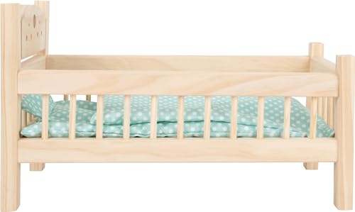 small foot Puppenbett aus Holz, Puppenmöbel-Zubehör, Kissen und Decke im Herz-Design, ab 3 Jahren, 9601, Klein
