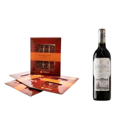 Maximiliano Jabugo - Surtido de Jabugo y Rioja - 10 Estuches de Embutidos y 2 Botellas de Vino - Pack Degustación de Jamón DOP Jabugo, Lomo y Vino Marqués de Riscal Reserva - Incluye Caja de Regalo