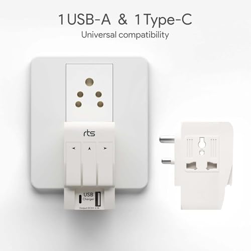 Image of rts 3 Pin Multi Plug Socket-Worldwide Universal Travel Adapter with USB Ports & Type-C PD Individual Switch Safety Shutter LED Indicator-3 Way Plug Socket (5A-250V) Type D Plug for Home Office White