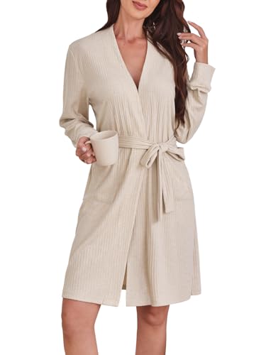Image of Braroz Women's Robes Spa Kimono Bathrobe Ribbed Knit Knee Length Loungewear With Pockets