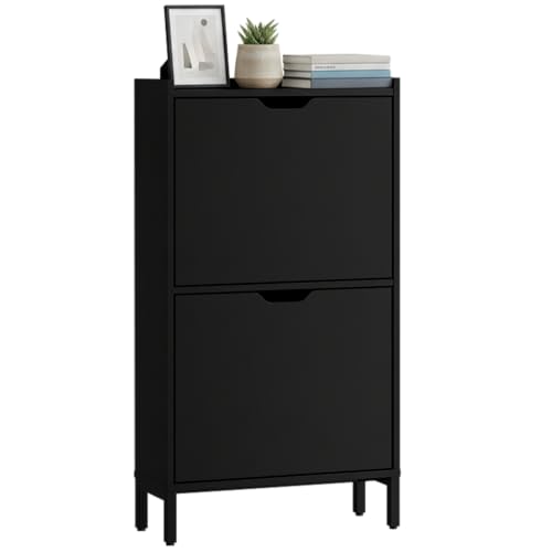 Bellamio Ceyhan Schuhschrank mit 2 Klappen Schuhkipper schwarz aus Holz Schuhregal schmal 50x19x90cm platzsparend Flurschrank mit 2 geschlossenen Fächern Schuhkommode für Flur/Garderobe