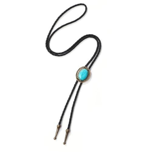 Image of AZORA Western Cowboy Bolo Tie Men Leather Necktie Leather Cord Turquoise Stone Bolo Ties for Men Women