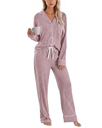PJGGZ Womens Pajama Sets Long Sleeve Soft Cozy Button Down Top & Drawstring Pants with Pockets 2 Piece Lounge Sleepwear Pjs S-XXL(Pink M)