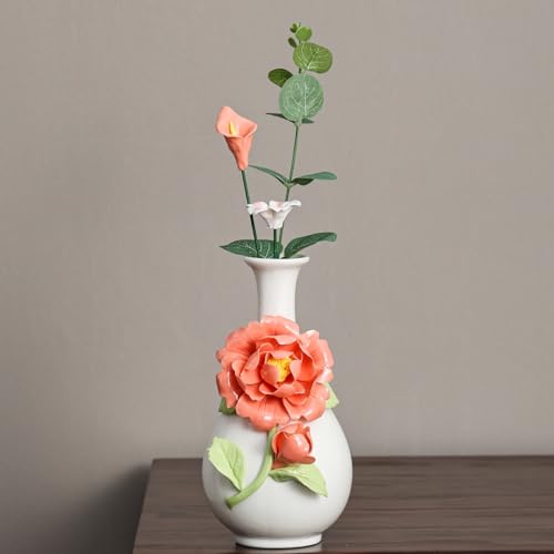 Handmade Pinched Flowers Ceramic Vase with One Ceramic Rose Flower, Home Decor Ceramic Vase for Dining Table, Living Room, Kitchen, Bedroom, Shelf, Office, Coffee Table, Restaurant & Fireplace Mantel — view 4