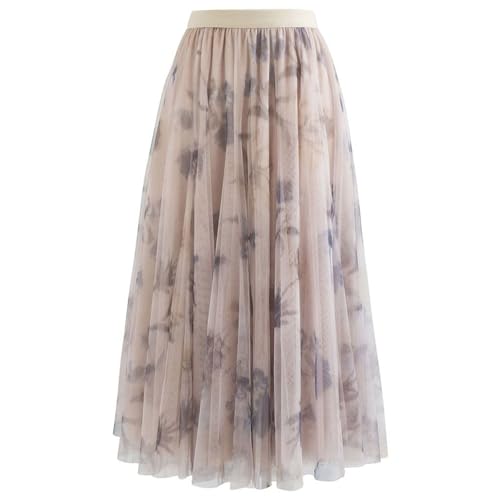 CHICWISH Women Floral Printed Mesh Tulle Midi Skirt Double Layered Elastic Waist A Line Flowy Fairy Skirts Dusty Pink