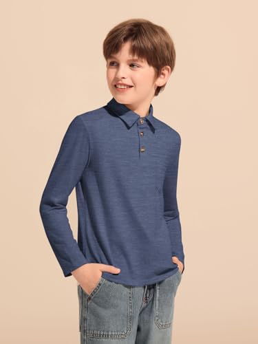 Image of Haloumoning Boys Long Sleeve Polo Shirts Kids Casual Button School Uniform Shirts with Chest Pocket 5-14 Years